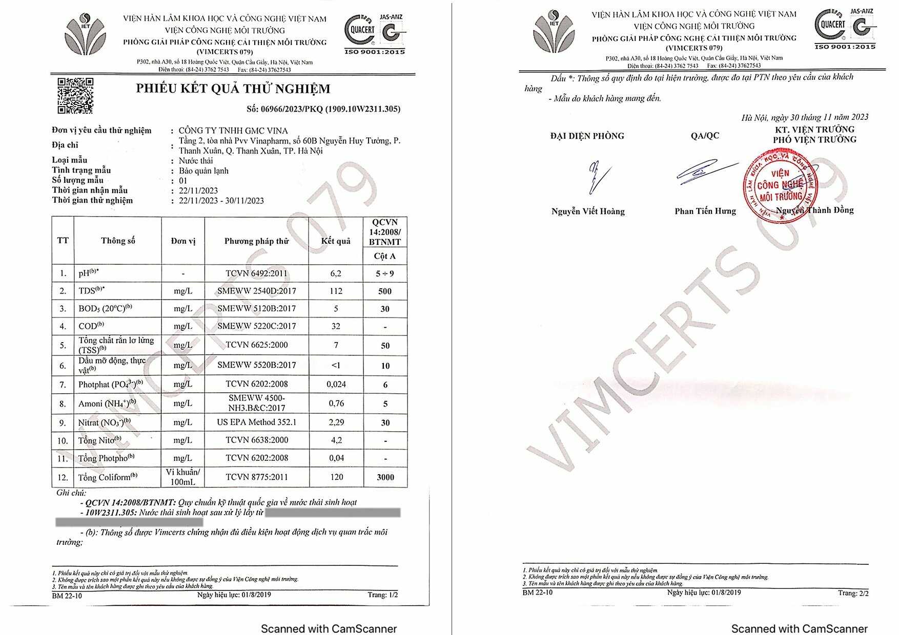 Kết quả thử nghiệm nước sau khi đơn vị GMC Vina lắp đặt hệ thống xử lý nước thải